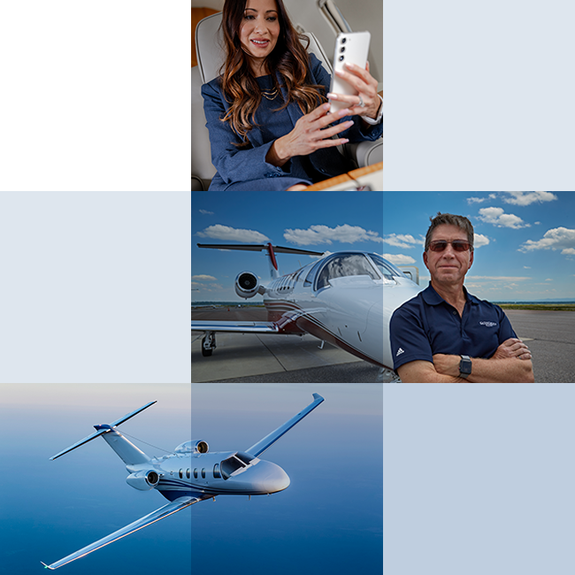 Tiled image of woman using personal device and a man in front of an aircraft