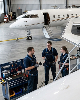 Technicians in a hangar with an aircraft