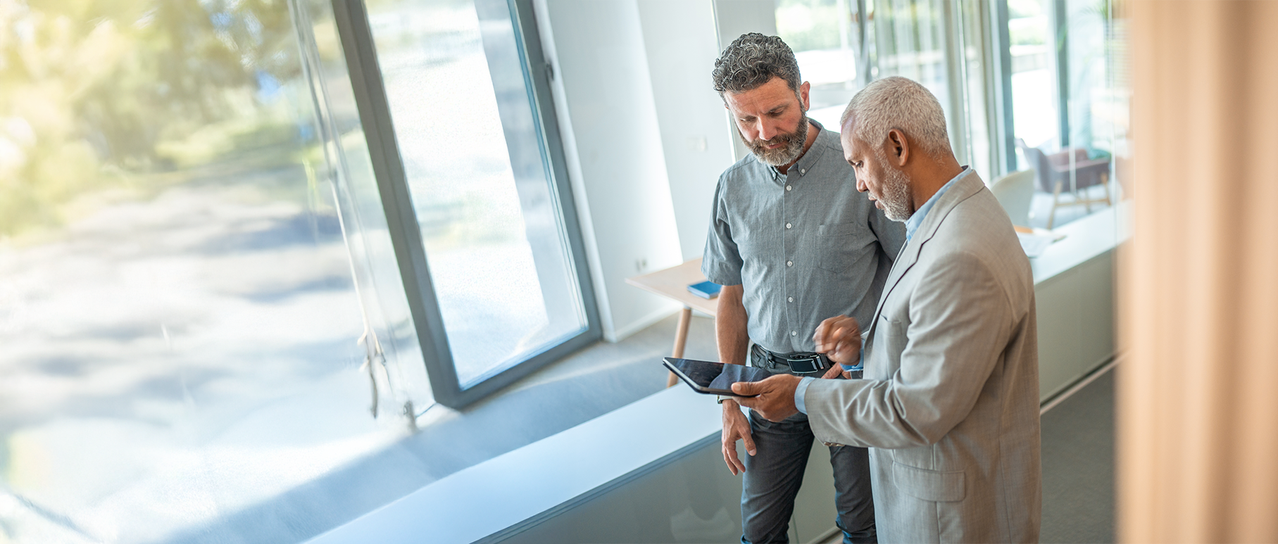 Two men discussing solution features