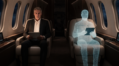 Man on iPad sitting next to digital person in cabin