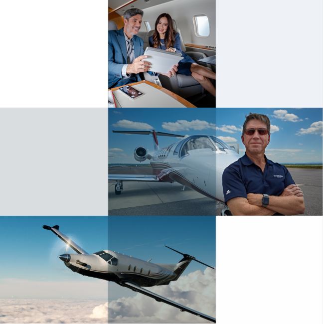 3x3 grid of photos, with airplane, passengers, and man in front of airplane
