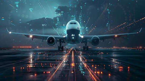 Airplane taking off a digital runway