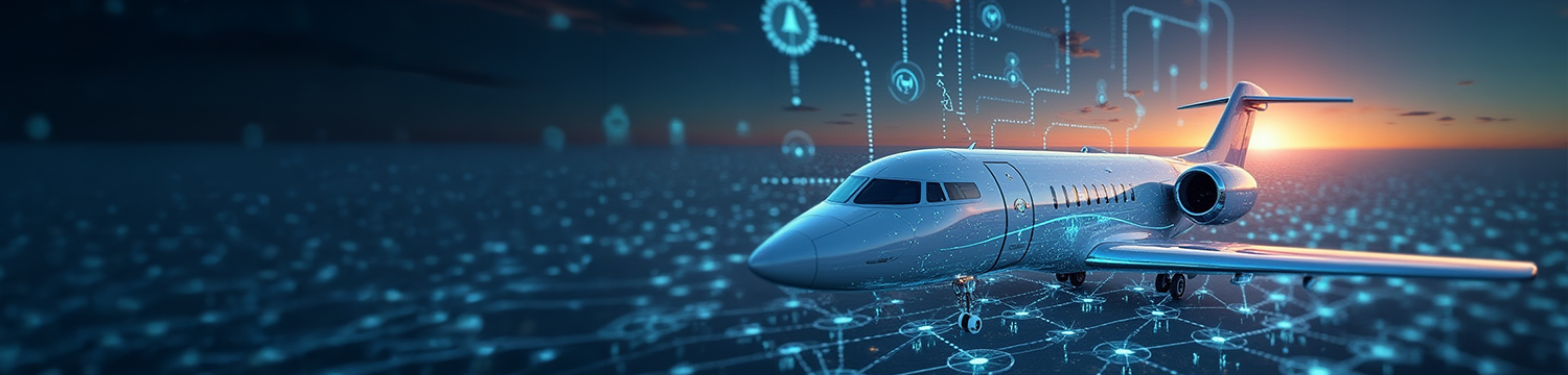 Private jet on digital grid and sunrise on horizon